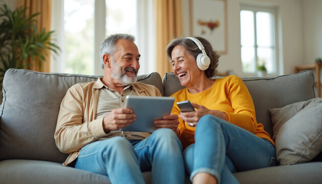 Happy senior couple at home. Elderly woman in headphones and man relax together on couch. They use tablet and smartphone enjoying leisure time. Smiling old people spend weekend at house.