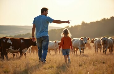 Father points at cows while walking with daughter in grassy field. Man and child explore cattle farm together. Parent and kid enjoy time outdoors amid livestock.