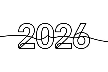 The year 2026 written in a single continuous line art style, isolated on a transparent background