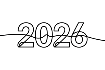 The year 2026 written in a single continuous line art style, isolated on a transparent background