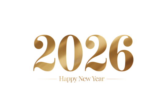 Golden year 2026 text with happy new year message, isolated on transparent background