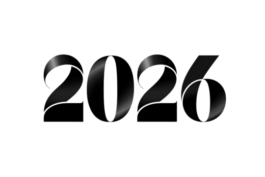The year 2026 in bold black numbers isolated on a transparent background
