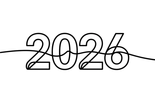 The year 2026 written in a single continuous line art style, isolated on a transparent background