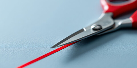 Close-up of red-handled scissors cutting a thin red ribbon on a textured light blue surface with shallow depth of field
