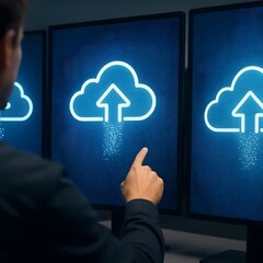 Cloud upload animation displayed on multiple digital screens