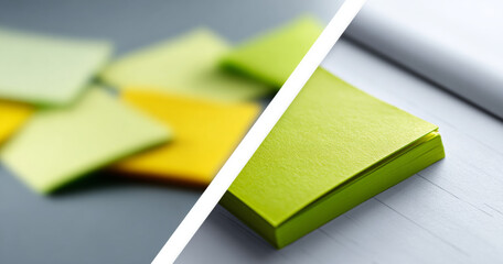 Close-up of colorful sticky notes in green and yellow tones arranged on a desk with selective focus and diagonal split composition