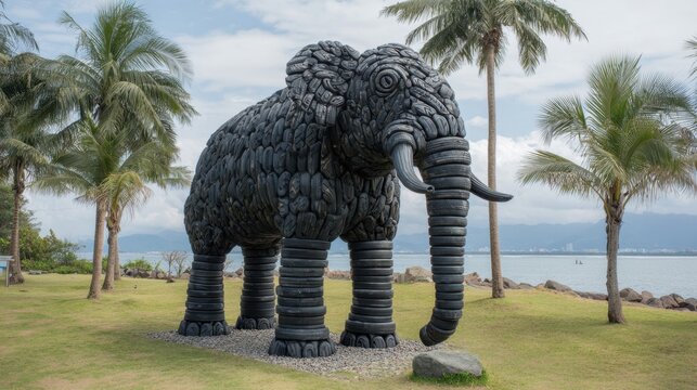 A giant elephant statue made from old tires can be seen on the grassy area near the beach. Palm trees surround the sculpture, and the ocean waves can be seen in the background.