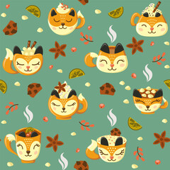 Cozy pattern with foxy mugs of coffee and tea with cookies, lemon, berries, cinnamon and marshmellows. Vector illustration.
