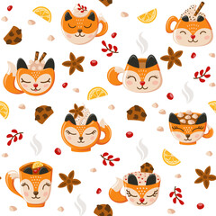 Cozy pattern with foxy mugs of coffee and tea with cookies, lemon, berries, cinnamon and marshmellows. Vector illustration.