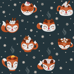 Cozy pattern with foxy mugs of coffee and tea with cookies, lemon, berries, cinnamon and marshmellows. Vector illustration.