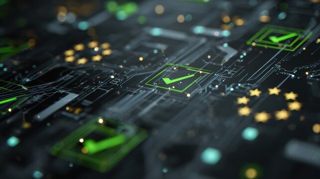 Abstract Compliance Dashboard Featuring Geometric Designs, Circuits, Soft Glow Checkmarks, and European Stars Displayed in a Digital Context