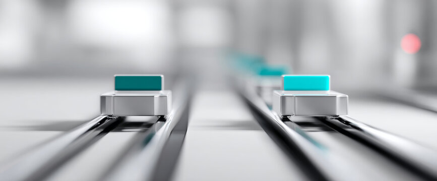 Close-up of modern audio mixing console sliders with turquoise fader knobs in a professional sound studio environment