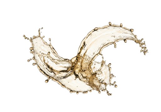 a dynamic splash of premium pale straw-yellow white wine captured in hyper-sharp close-up, volumetric lighting highlights thousands of droplets on a transparent background. concept for beverage