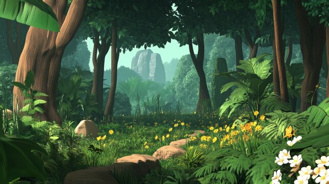 Lush Jungle Vista with Yellow Flowers and Ancient Rock Formation, Rainforest , Landscape
