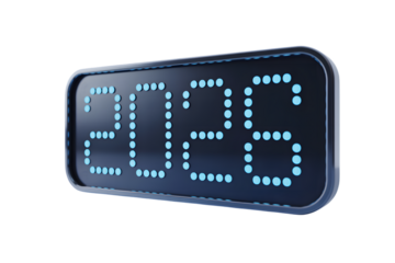 Digital clock displaying the year 2026 with blue led lights on a black background, isolated on transparent background