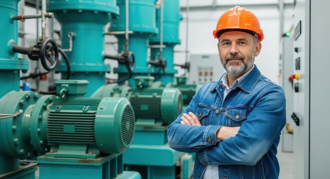 Man in hard hat with arms crossed standing in front of industrial pumps and machinery in a factory