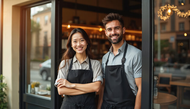 Cheerful cafe owners stand at shop entrance. Diverse team smiles in modern urban setting. Business partners wear aprons, ready to serve clients. Confident entrepreneurs welcome customers to trendy