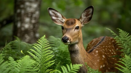 Close up of a deer in a forest surrounded by green ferns and trees