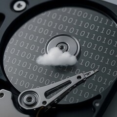 Minimalistic macro of hard drive with binary data and small cloud overlay