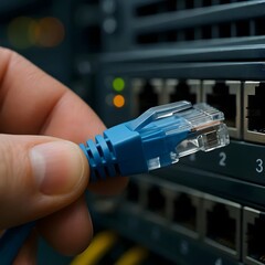 Close-up of Ethernet cable being plugged into server port
