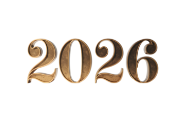 The year 2026 in a decorative golden font, isolated on a transparent background
