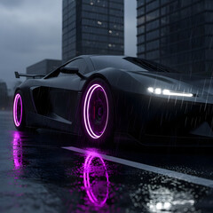 Black sports car with purple glowing rims on wet road