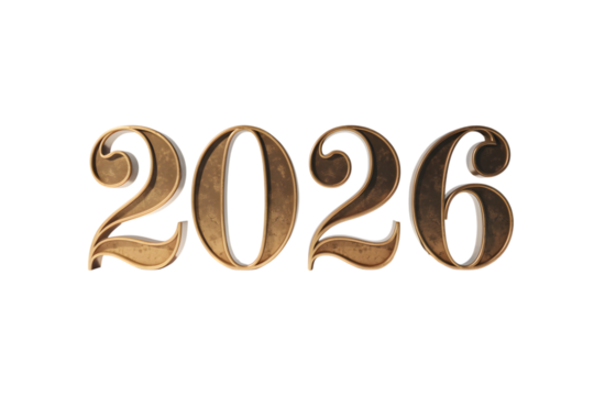 The year 2026 in a decorative golden font, isolated on a transparent background