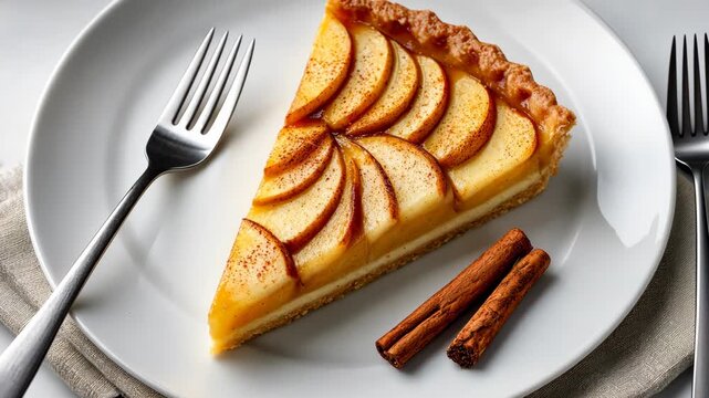 Closeup of delicious apple pie slice with fork on table top setting