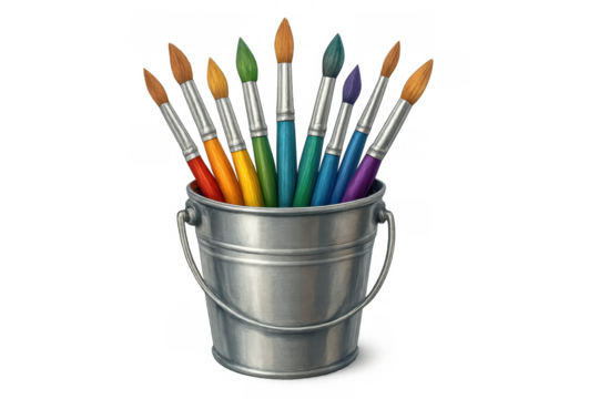 Artist paintbrushes in a metal bucket displaying various colors for creativity, education, and art hobbies