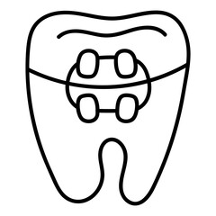 Black line doodle illustration of a tooth with braces. Ideal for use in orthodontic clinic branding, dental care websites, oral health education materials and hygiene awareness posters. Perfect for