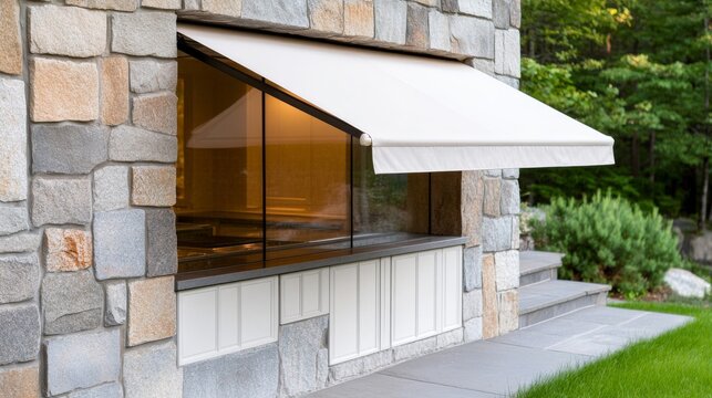 Stone Exterior Bar with Retractable Awning and Glass Window, Outdoor living, Architecture