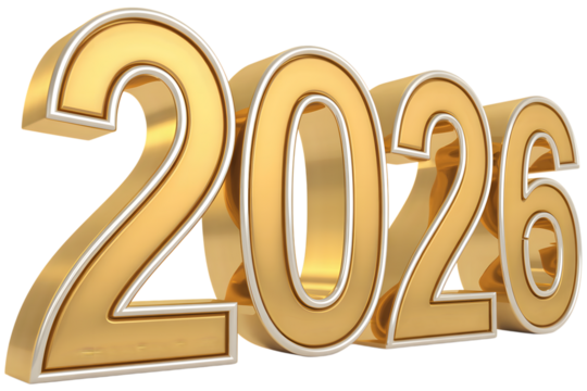 Golden 3d numbers 2026 isolated on transparent background