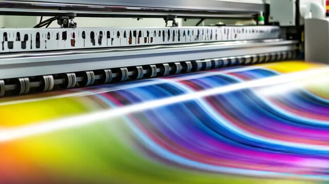High-speed printer producing vibrant multicolored patterns in a busy printing facility