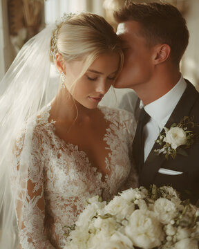Romantic groom kissing bride in lace wedding dress holding white bouquet on their wedding day