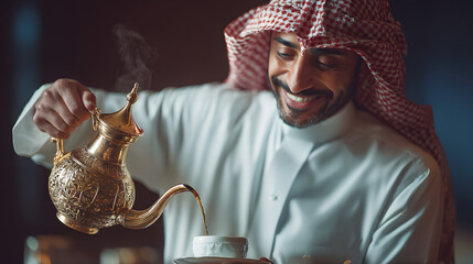 Smiling Arab man in traditional dress pouring Arabic coffee from golden dallah into cup on neutral background