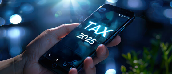 Close-up of hand holding smartphone with glowing holographic TAX 2025 interface. Concept of digital finance, fintech, tax app, and online payment technology.