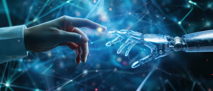 Human and robotic hands touching fingers with glowing light on blue digital background. Concept of artificial intelligence, innovation, and human technology connection.