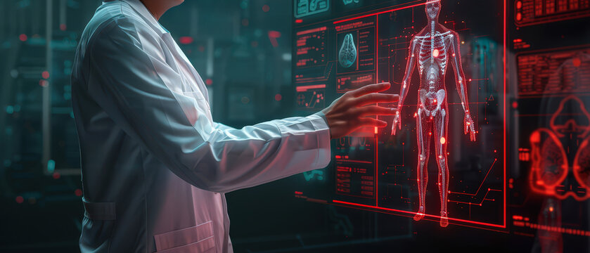 Doctor using futuristic holographic screen to study human anatomy. Concept of AI diagnostics, digital healthcare, and modern medicine technology.
