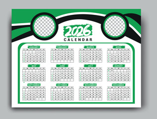 2026 calendar design with green elements and photo placeholders