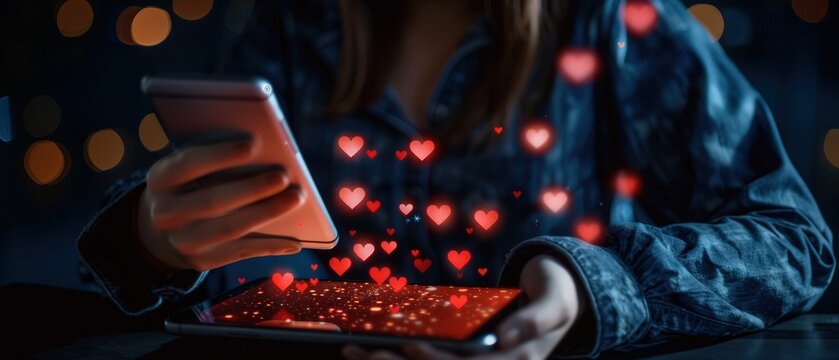 Woman using smartphone with floating red heart icons symbolizing social media likes, online dating, and digital connection in dark moody atmosphere.