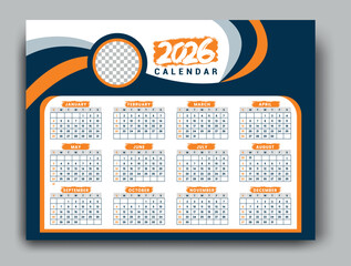 Modern 2026 annual calendar design template with a photo placeholder