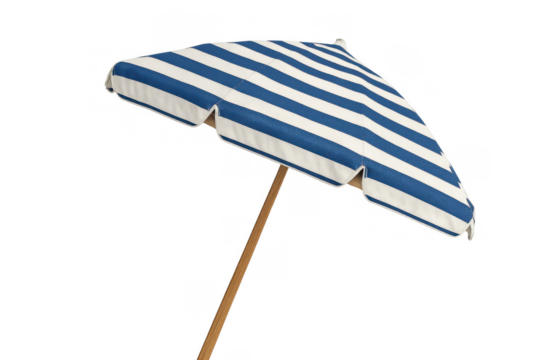 Beach umbrella with blue and white stripes providing shade for summer vacation and holiday relaxation, transparent background