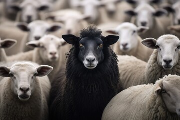 Black sheep stands out in a flock of white sheep.