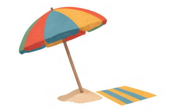 Colorful beach umbrella and striped towel standing on sand for summer vacation, transparent background