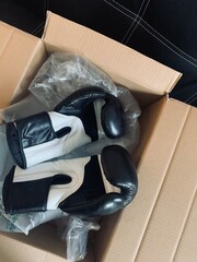 Boxing Gloves in Cardboard Box &mdash; New Sports Equipment Delivery; a pair of black and white boxing gloves inside an open cardboard box, symbolizing sports gear delivery, online shopping
