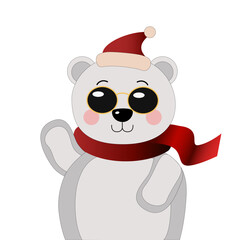 Minimalist polar bear in red Santa hat and scarf, stylish vector icon for holiday decor, festive branding, digital greeting cards