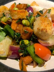 Close-Up of Colorful Vegetable Salad with Croutons and Edamame; Close-Up of Colorful Vegetable Salad with Croutons and Edamame
