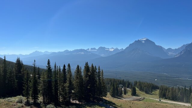 The Lake Louise Summer Gondola provides an elevated viewpoint with panoramic views of Lake Louise and the surrounding Rocky Mountains in Banff National Park. AB Canada.