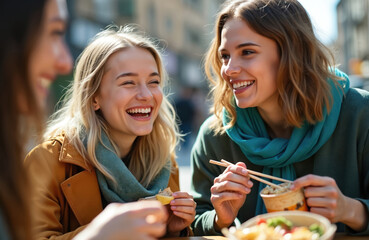 Three young women laugh while eating take away food outdoors. Friends share a meal together on a sunny day in the city, enjoying each others company. One woman holds chopsticks, another a small bowl.
