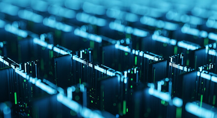 Abstract digital infrastructure grid glowing blue and green in darkness
